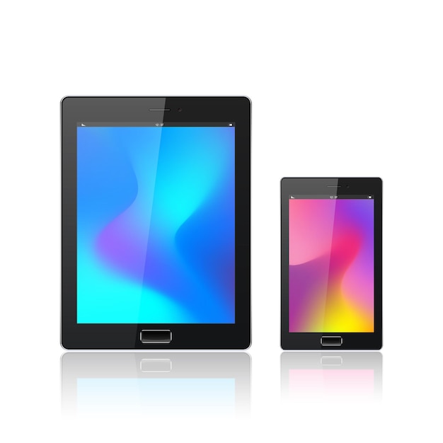 Moderne digitale tablet-pc met mobiele smartphone geïsoleerd op de witte. abstracte vloeibare 3d-vormen vector trendy vloeibare kleuren achtergronden. gekleurde vloeiende grafische compositie.