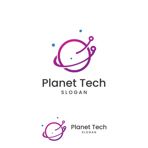 Moderne digitale tech wereld logo global of tech planeet en digitale tech bescherming logo met concept vector illustratie sjabloon