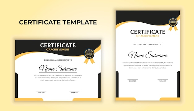 Moderne diploma certificaatsjabloon met zwarte en gele kleur.