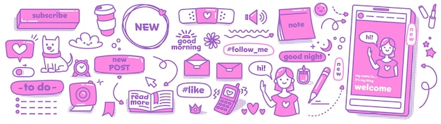 Moderne doodle stickers voor sociale media. Vector collectie. Leukste patch-set. Schets schattige pictogrammen.