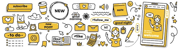Moderne doodle stickers voor sociale media. vector collectie. leukste patchset. schets schattige pictogrammen in gele en zwarte kleuren op een witte achtergrond