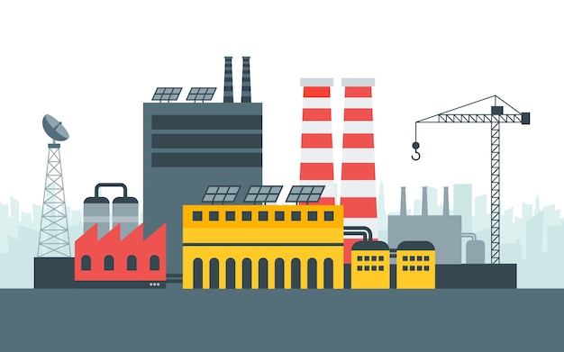 Moderne ecologische fabriek met zonnepanelenergie. stadslandschap, ecologisch concept. illustratie in stijl, sjabloon.