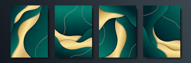 Moderne eenvoudige donkergroen en goud glitter abstracte geometrische achtergrond met 3D-strepen concept. Abstracte golvende luxe donkergroene en gouden achtergrond. Grafisch ontwerpelement.