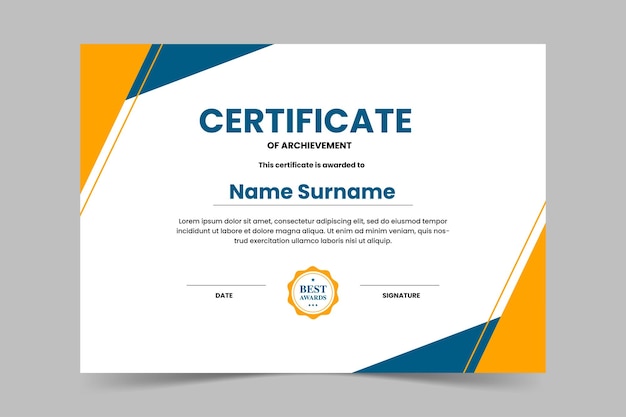 Moderne elegante blauw-geel geometrische certificaatssjabloon