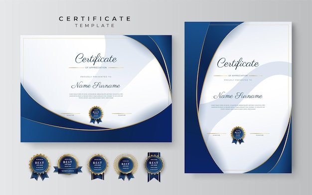 Moderne elegante blauwe en gouden certificaat van prestatie-sjabloon met gouden badge en rand Ontworpen voor diploma award zakelijke universiteitsschool en corporate