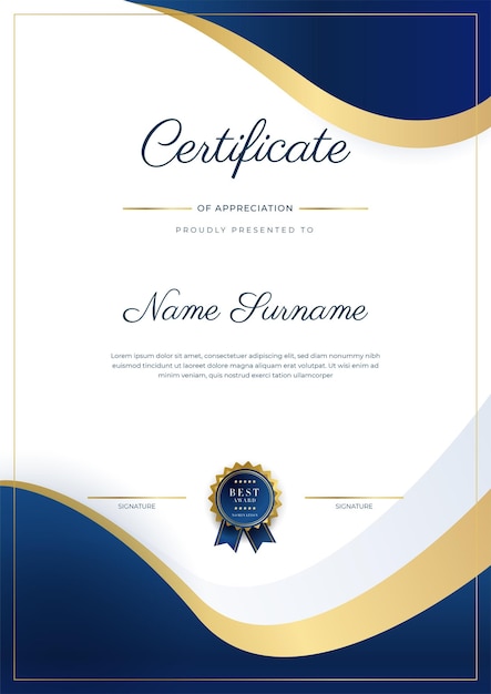 Moderne elegante blauwe en gouden certificaat van prestatie-sjabloon met gouden badge en rand Ontworpen voor diploma award zakelijke universiteitsschool en corporate