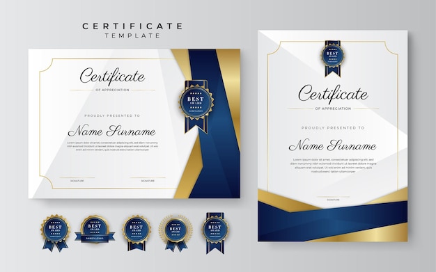 Moderne elegante blauwe en gouden certificaat van prestatie-sjabloon met gouden badge en rand Ontworpen voor diploma award zakelijke universiteitsschool en corporate