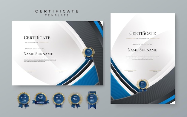 Moderne elegante blauwe en zwarte diploma certificaatsjabloon met bedrijfsconcept