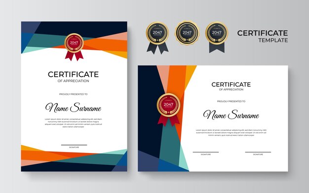 Moderne elegante diploma certificaatsjabloon. Schoon modern certificaat met gouden kenteken. Certificaatrandsjabloon met luxe en modern lijnpatroon. Diploma vector sjabloon
