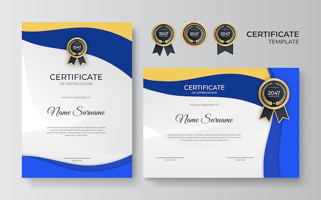 Moderne elegante diploma certificaatsjabloon. Schoon modern certificaat met gouden kenteken. Certificaatrandsjabloon met luxe en modern lijnpatroon. Diploma vector sjabloon