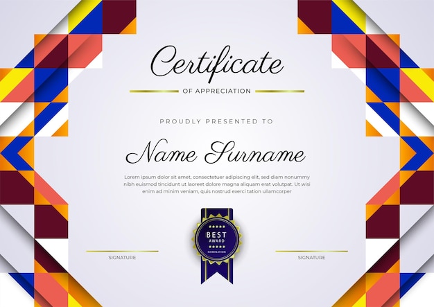 Moderne elegante kleurrijke diploma certificaatsjabloon Certificaat van prestatie grenssjabloon met luxe badge en modern lijnpatroon Voor het toekennen van zakelijke en onderwijsbehoeften