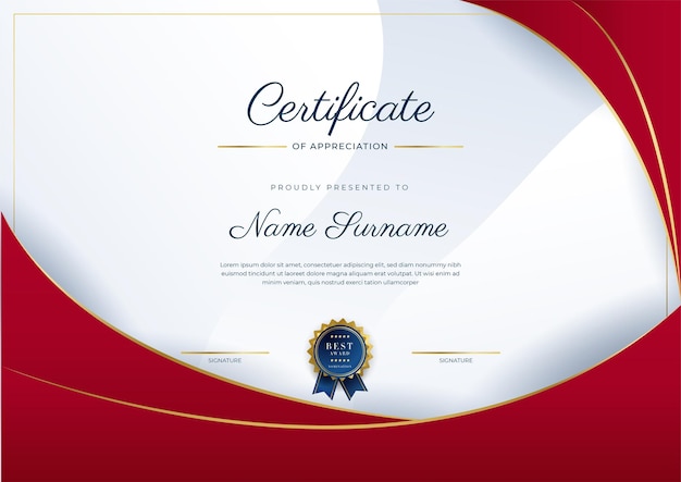 Moderne elegante rode en gouden certificaat van prestatie-sjabloon met gouden badge en rand Ontworpen voor diploma award zakelijke universitaire school achtergrond en corporate