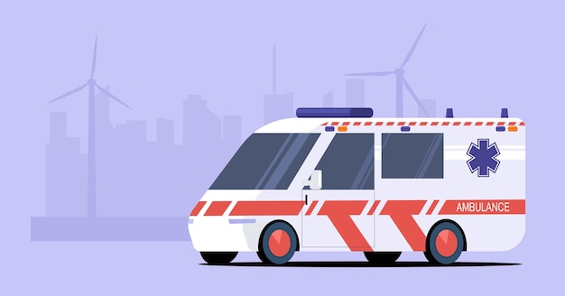 Moderne elektrische ambulance op de achtergrond van een abstract stadsbeeld Vector illustratie