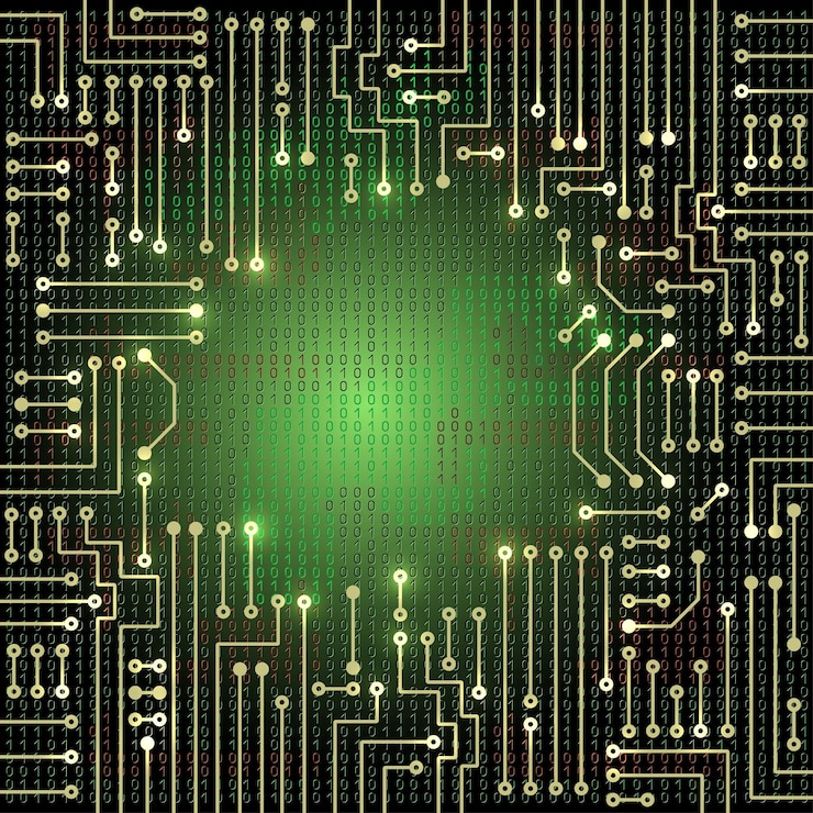 Vector moderne elektronische schakeling en binaire code tekenen op blauwe grungy achtergrond
