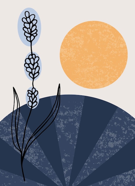 Vector moderne esthetische collage met handgetekende lavendelbloem abstracte vectorafdruk in boho-stijl