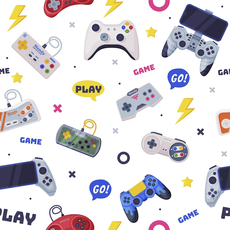 Vector moderne game console controllers naadloos patroon video game players toebehoren apparaten achtergrond banner behang textiel verpakkingsontwerp vector illustratie