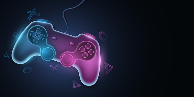 Moderne gamepad met draad voor videogames. Vectorjoystick met neongloed voor spelconsole. Abstracte geometrische symbolen. Computerspelletjes concept voor uw ontwerp. EPS 10