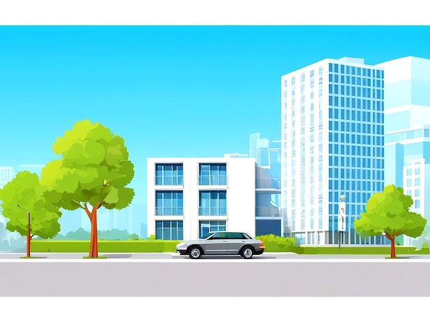 Moderne gebouw in platte stijl met bomen en auto's Vector illustratie Stadsscène geïsoleerd