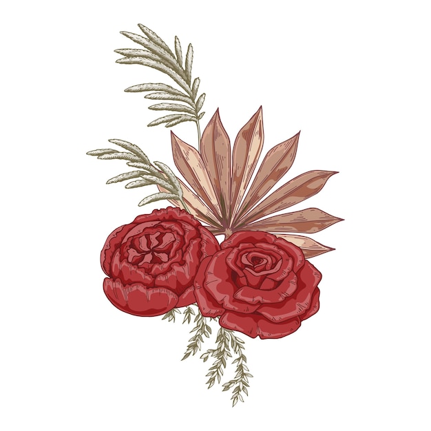 Moderne gedroogde bloemen samenstelling Boho boeket Hand getrokken vectorillustratie