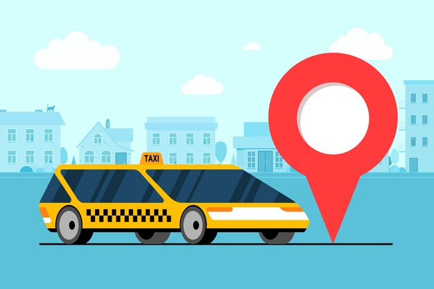 Moderne gele auto in de buurt van geotag gps locatie pin icoon op stadsgezicht weg. online navigatie-applicatie bestellen taxiservice. krijg een taxi-cabinevoertuig in de platte vectorillustratiesjabloon van de stad