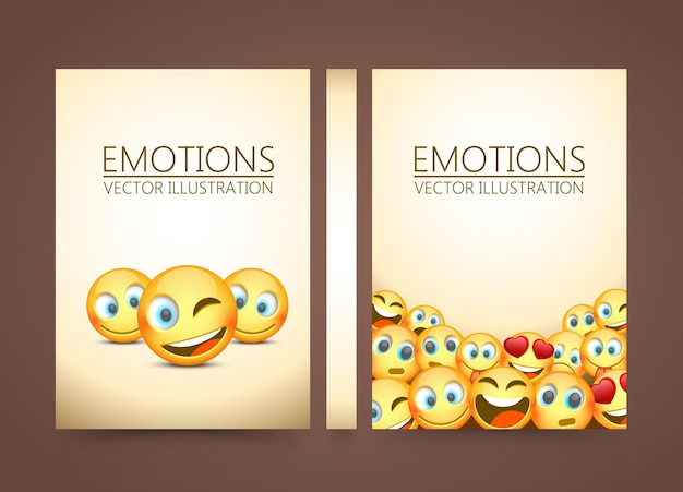 Moderne gele lachende drie emoji, emoties achtergrond, vectorillustratie