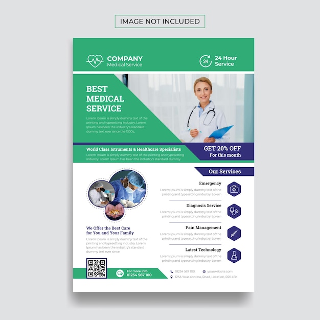 Moderne gezondheidskliniek en medische flyer, ontwerpsjabloon voor brochureomslag