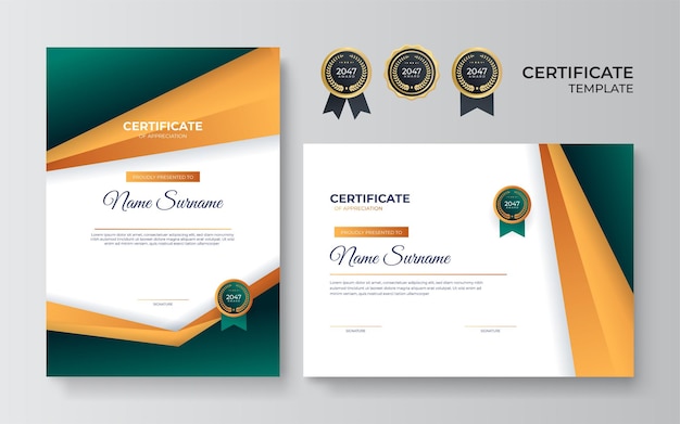 Moderne groene certificaatsjabloon en rand voor toekenningsdiploma en afdrukken Blauwe en gouden elegante certificaat van prestatiesjabloon met gouden badge en rand