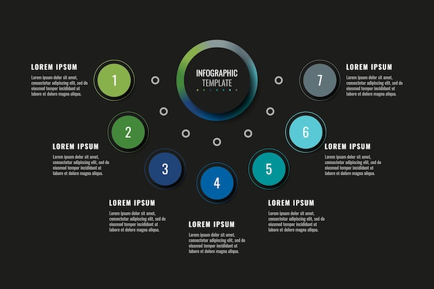 Moderne horizontale infographic sjabloon met zeven ronde realistische elementen op een zwarte achtergrond