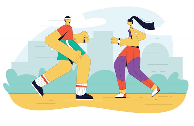 Moderne illustratie van mensen die in het park lopen. een man en een meisje doen cardiotraining