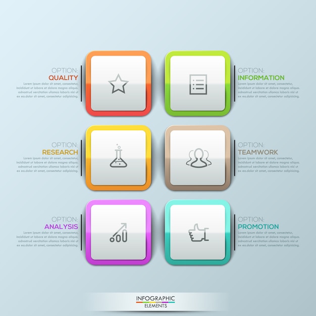 Moderne infographic sjabloon, 6 veelkleurige afgeronde vierkanten
