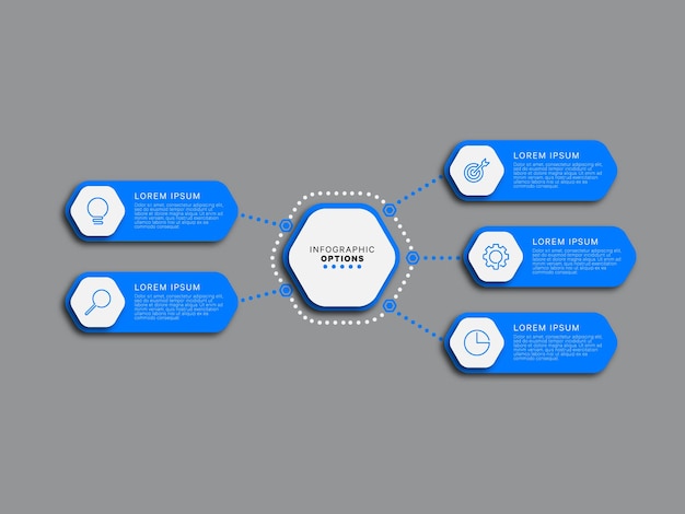 Moderne infographic sjabloon met vijf blauwe zeshoekige elementen op een grijze achtergrond