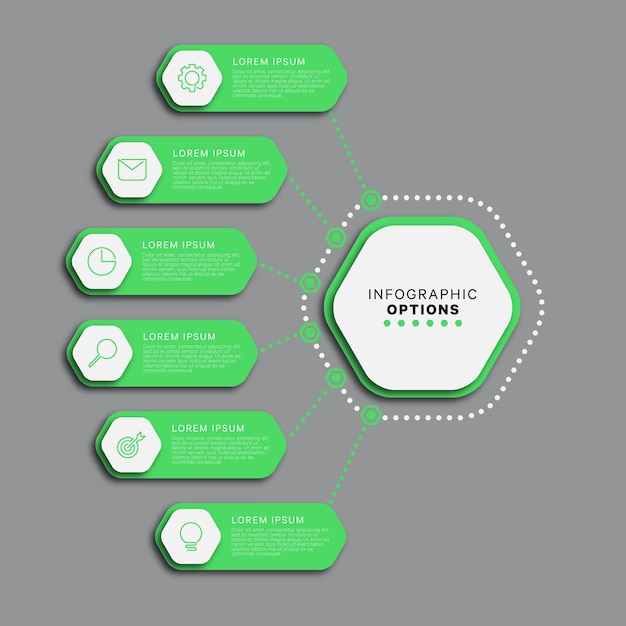 Moderne infographic sjabloon met zes groene zeshoekige elementen op een grijze achtergrond