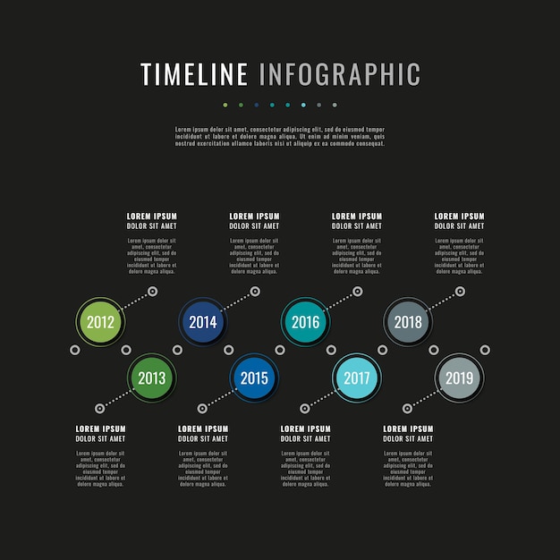 Moderne infographic tijdlijnsjabloon met ronde realistische elementen op een zwarte achtergrond