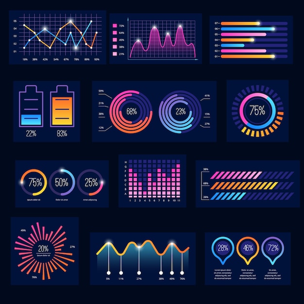 Moderne infographic. zakelijke toekomstige grafieken beeldscherm donkere ui thema opsommingstekens frames diagram grafiek eenvoudige dashbord vectorelementen