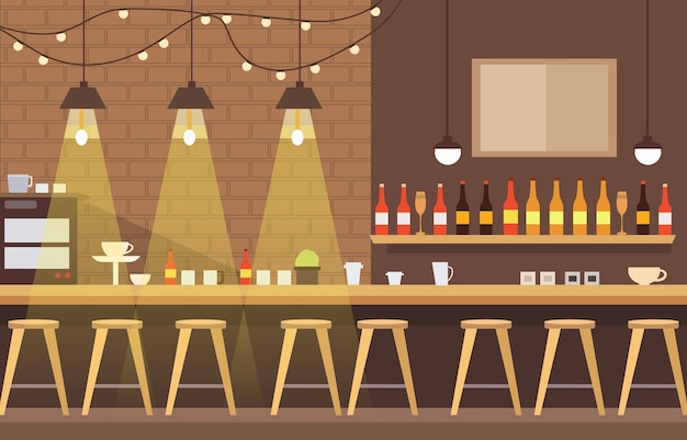 Moderne interieurlandschap in café-restaurant met bartafel en klantenstoelen