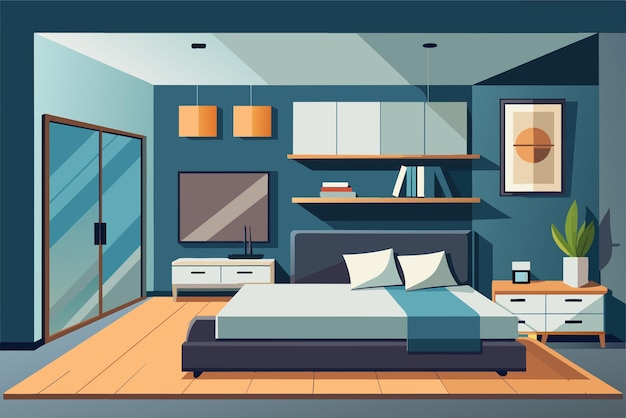 Moderne interieurontwerp van een slaapkamer met een groot bed, een nachtkast, een kombuis, een flatscreen-tv en een groot raam, afgebeeld in een gestileerde illustratie met koele blauwe tonen