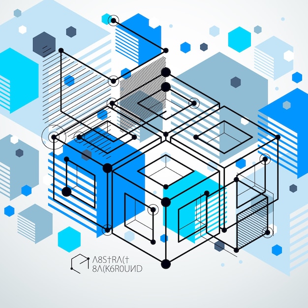 Moderne isometrische vector abstracte blauwe achtergrond met geometrische element. Lay-out van kubussen, zeshoeken, vierkanten, rechthoeken en verschillende abstracte elementen.