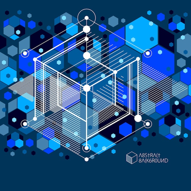 Moderne isometrische vector abstracte donker blauwe achtergrond met geometrische element. Lay-out van kubussen, zeshoeken, vierkanten, rechthoeken en verschillende abstracte elementen.