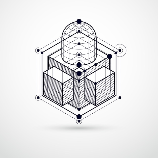 Moderne isometrische vector abstracte zwarte en witte achtergrond met geometrische element. Lay-out van kubussen, zeshoeken, vierkanten, rechthoeken en verschillende abstracte elementen.