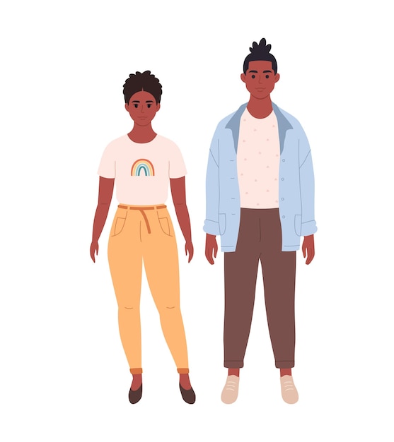 Vector moderne jonge paar afro-amerikaanse vrouw en man in casual outfit. stijlvolle modieuze look