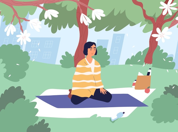 Moderne jonge vrouw in lotushouding die mediteert en yoga in park uitoefent. Ontspannen vrouwelijk personage dat mindfulness of vipassana-meditatie in de natuur beoefent. Gekleurde platte vectorillustratie.