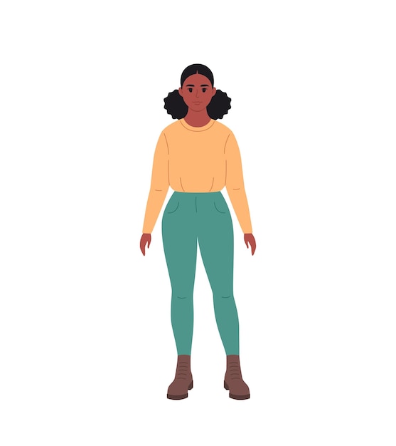 Vector moderne jonge zwarte vrouw in casual outfit. stijlvolle modieuze uitstraling. hand getekende vectorillustratie