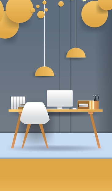 Moderne kantoorwerkruimte bureaublad computer lamp minimalistisch ontwerp papercut stijl gele grijze kleuren