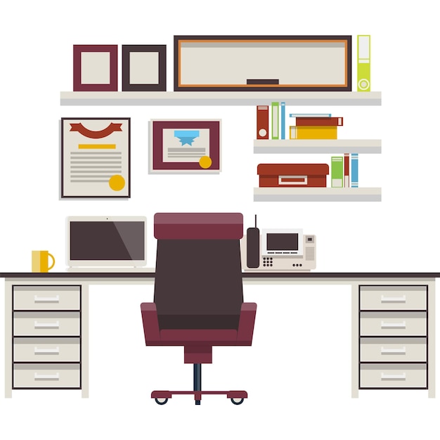 Vector moderne kantoorwerkruimte vector werkplek platte icoon platte directeur kabinet kamer ruimte met bureaucratie en technologie apparaat voor effectief werk