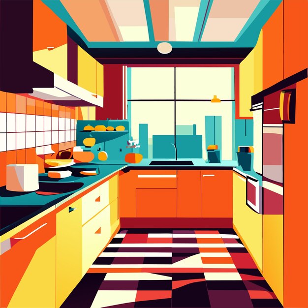 Vector moderne keuken interieur achtergrond sjabloon cartoon eetkamer met meubels