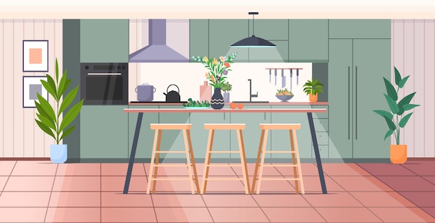 Moderne keuken interieur leeg geen mensen huis kamer horizontale vectorillustratie