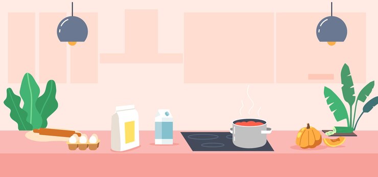 Vector moderne keuken leeg interieur met apparaten en meubels. tafel, oven, afzuigkap en gebruiksvoorwerp. bureau met kookpan op fornuis en producten eieren, melk, bloem en pompoen. cartoon vectorillustratie