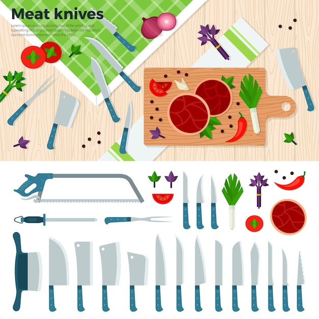 Vector moderne keuken met snijplank groenten steaks en messen voor vlees en groenten