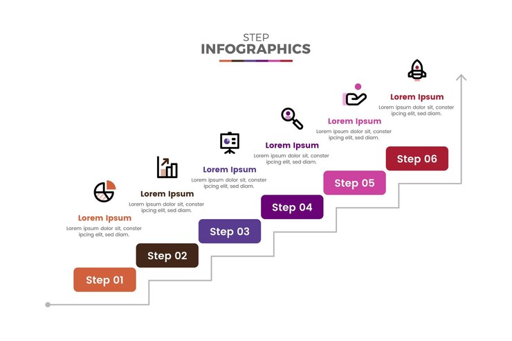 Vector moderne kleurrijke tijdlijn infographic 6 stappen multifunctioneel voor presentatie en data visualisatie