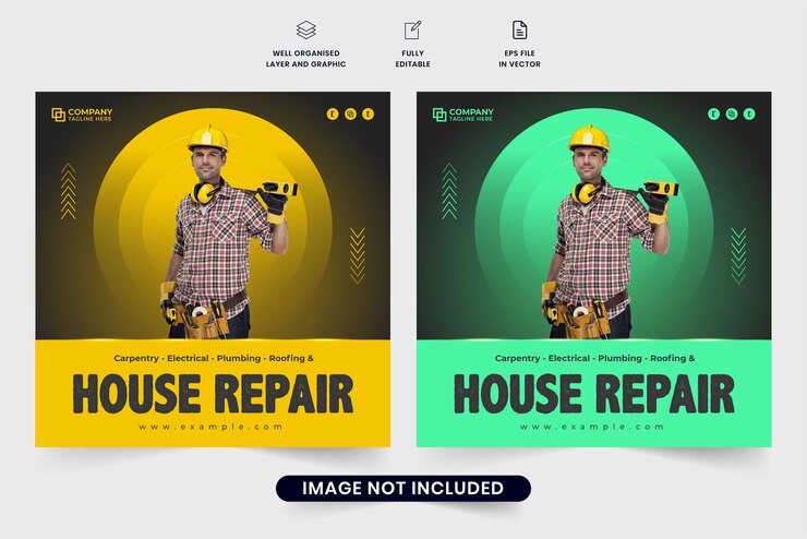 Vector moderne klusjesman zakelijke advertentie sjabloonontwerp met groene en gele kleuren woningbouw en reparatieservice sociale media post vector sjabloon voor promotie van onroerend goed